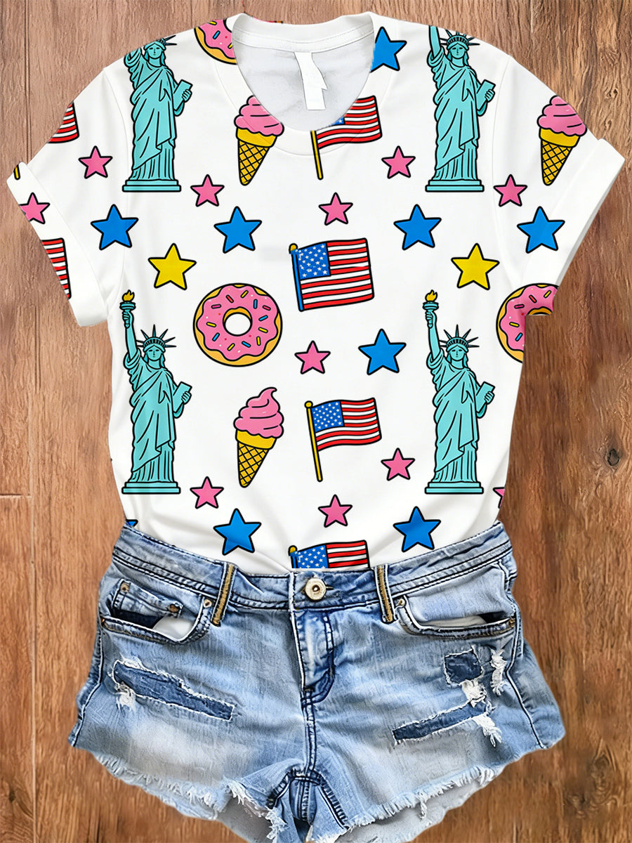 Sweet Style T-Shirt With American Patriotic Theme For Women