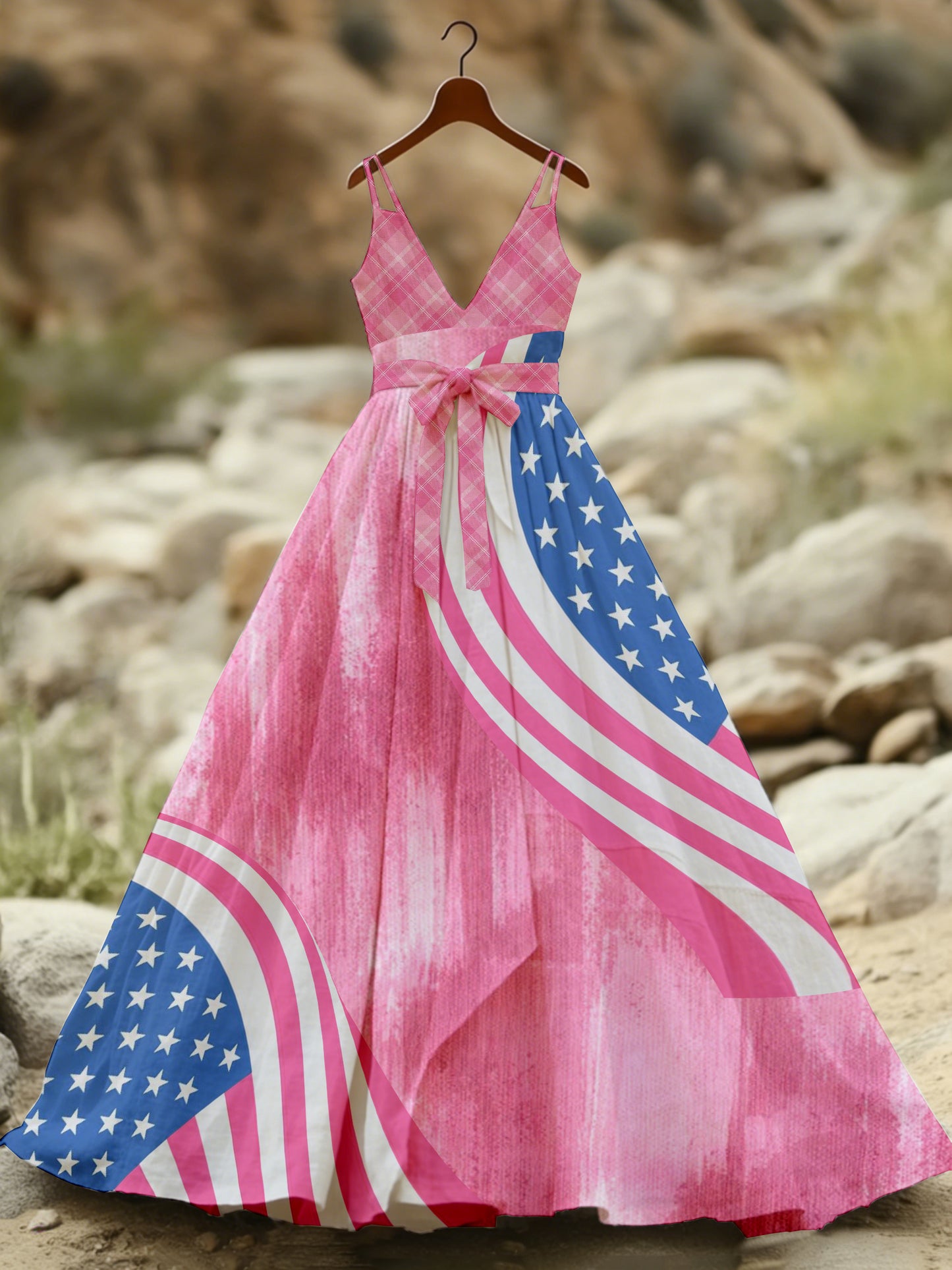 Women's American Patriotic Commemorative Print Long Spaghetti Strap Dress