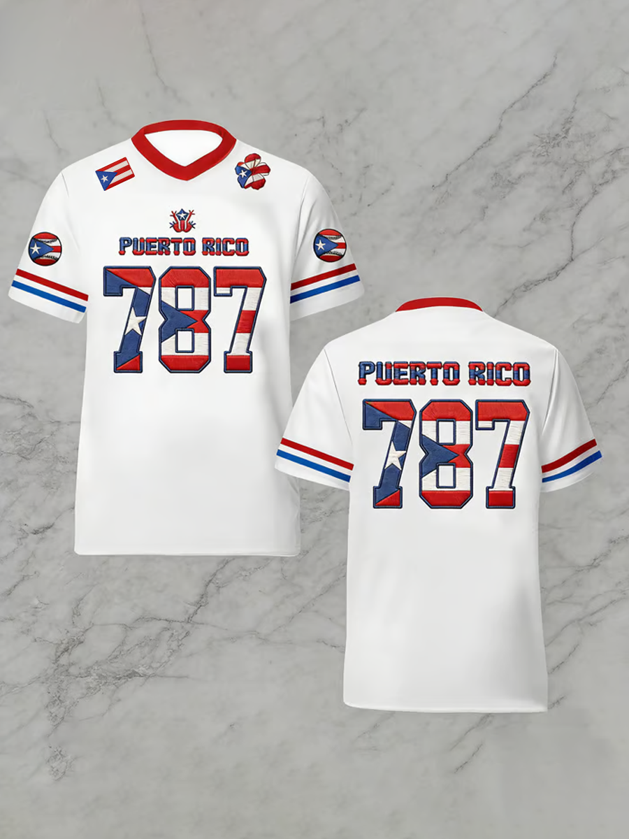 Men's Puerto Rico Baseball Print V-neck T-shirt