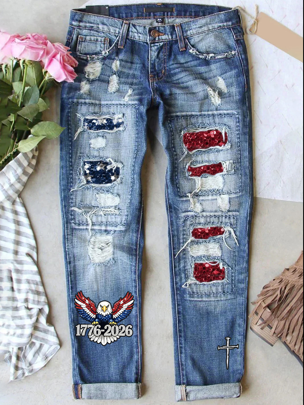 Women's Retro American Independence Day Denim Patch Printed Denim Jeans