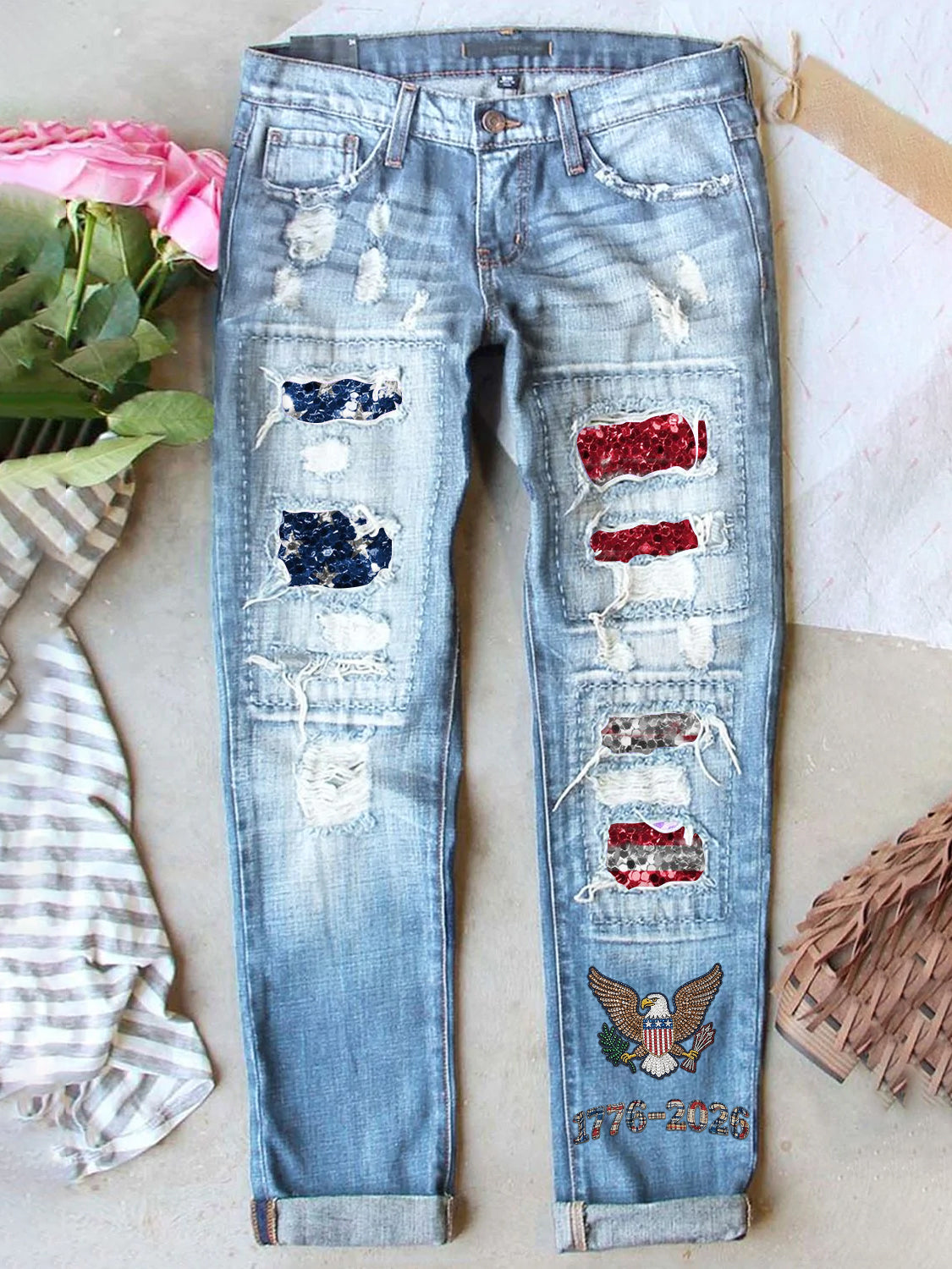 Women's Retro American Independence Day Denim Patch Printed Denim Jeans