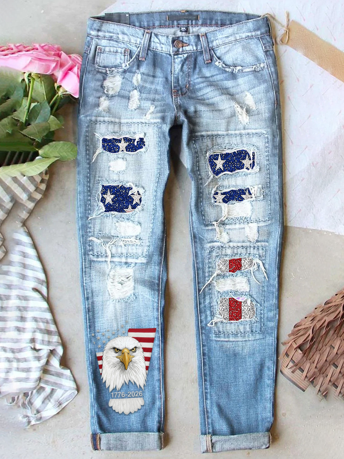 Women's Retro American Independence Day Denim Patch Printed Denim Jeans