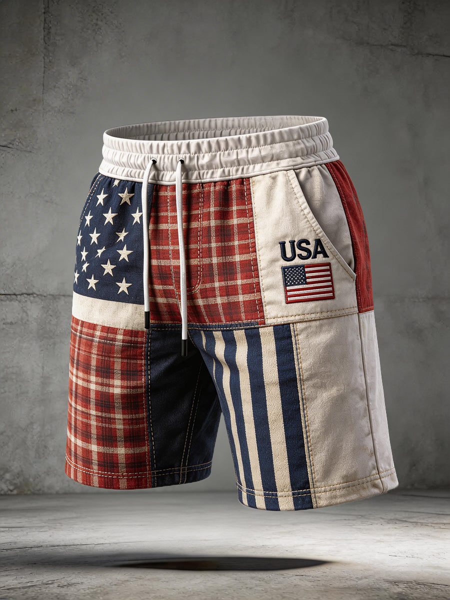 Men's USA Embroidery Pattern Patchwork Art Shorts