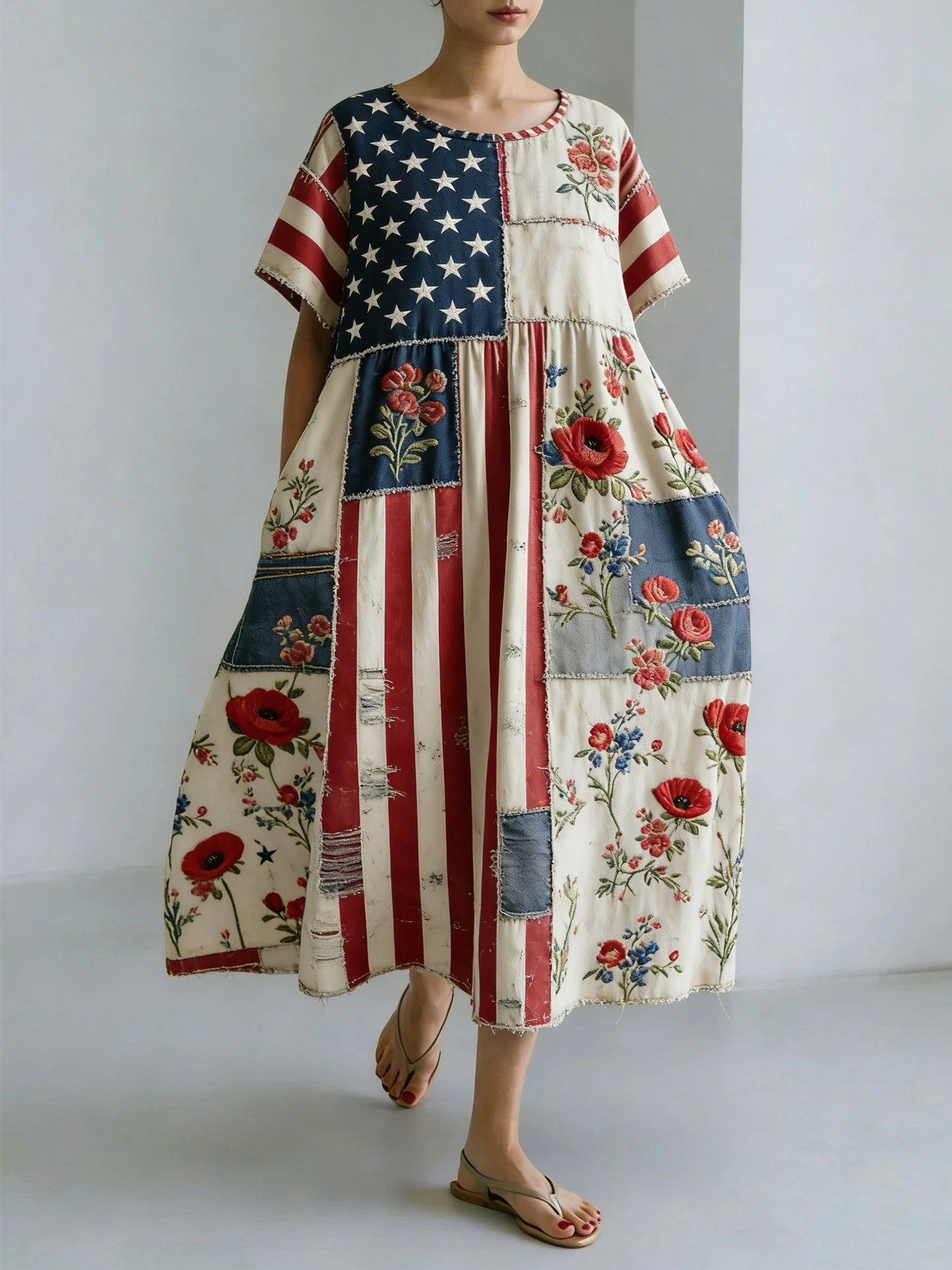 Women's Vintage Patriotic Independence Day Patchwork Floral Casual Dress