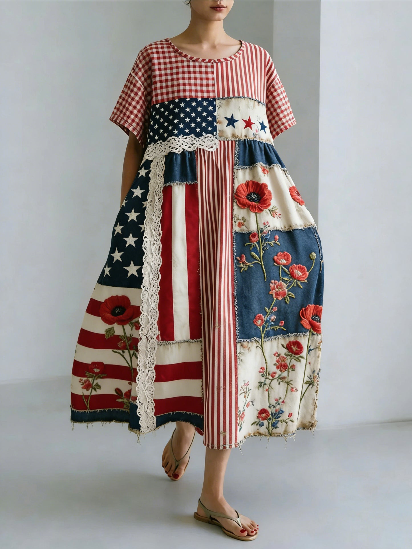 Women's Vintage Patriotic Independence Day Patchwork Floral Casual Dress