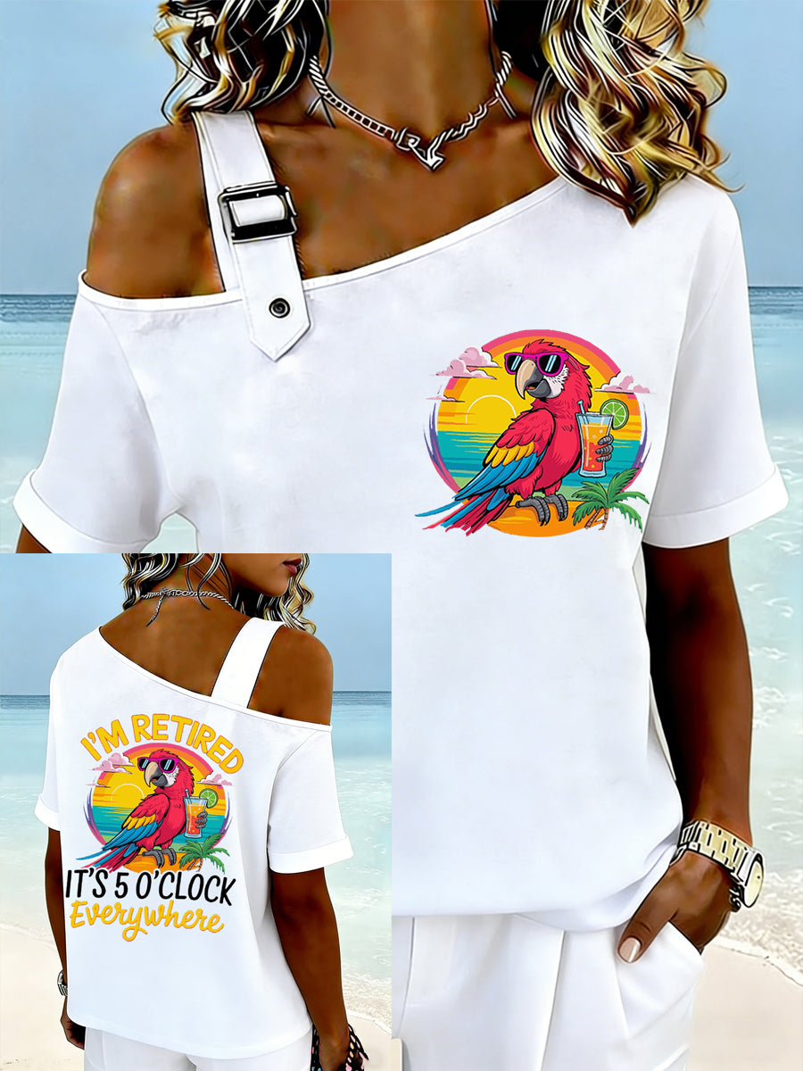 Women's I'm Retired It's 5 O'clock Everywhere Parrot Print Casual Off-Shoulder Short-Sleeve Tee