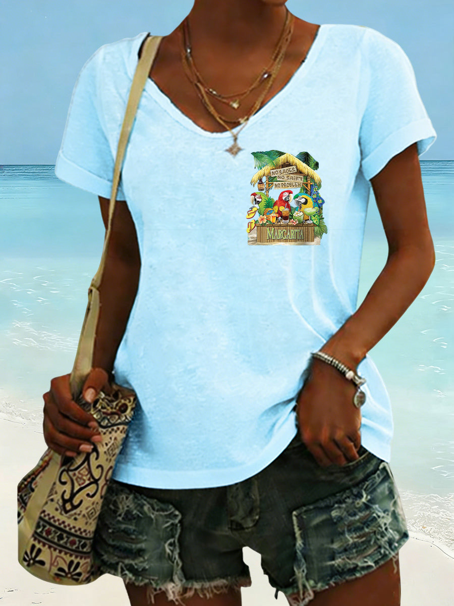 Women's No Shoes No Shirt No Problems Print V-neck T-shirt