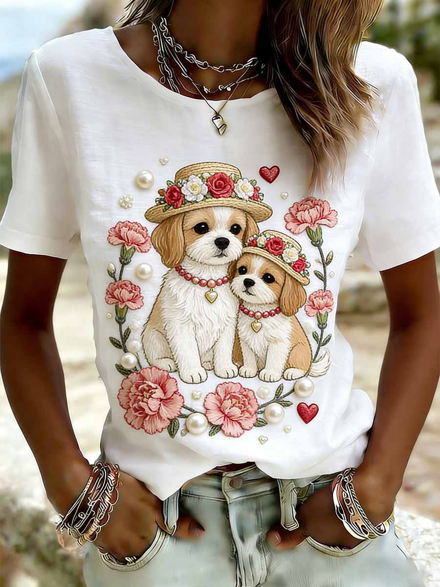 Women's Elegant Dog Mom Love Pattern Printed Casual T-Shirt