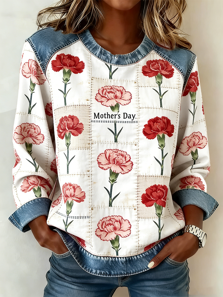Women's Mother's Day Carnation Floral Print Denim Patchwork Top