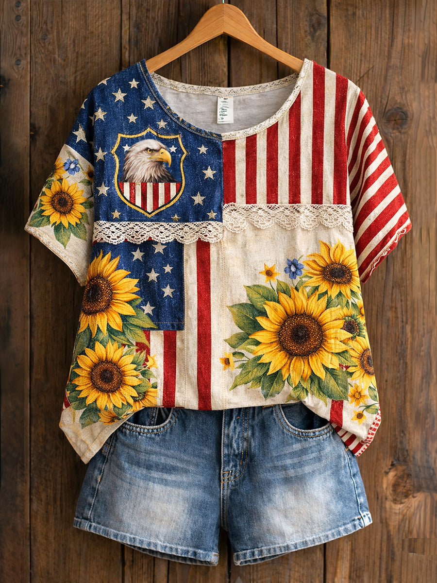 Women's Retro American Floral Patchwork Print Casual T-shirt