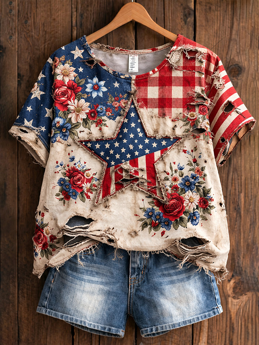 Women's Retro American Floral Patchwork Print Casual T-shirt