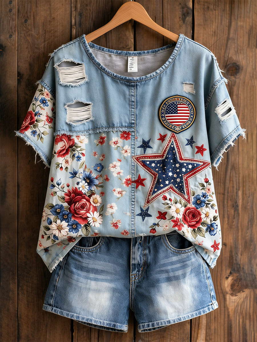 Women's Retro American Floral Patchwork Print Casual T-shirt