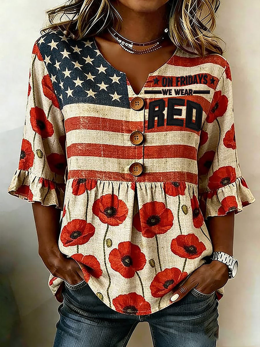 Women's Red Friday Print Casual Top