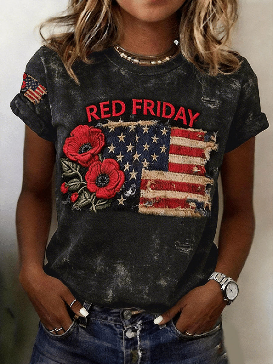 Women's Red Friday Print Casual T-Shirt