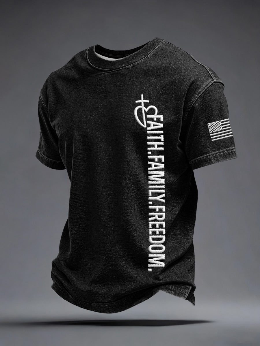 Men's Faith Family Freedom Embroidery Pattern T-Shirt