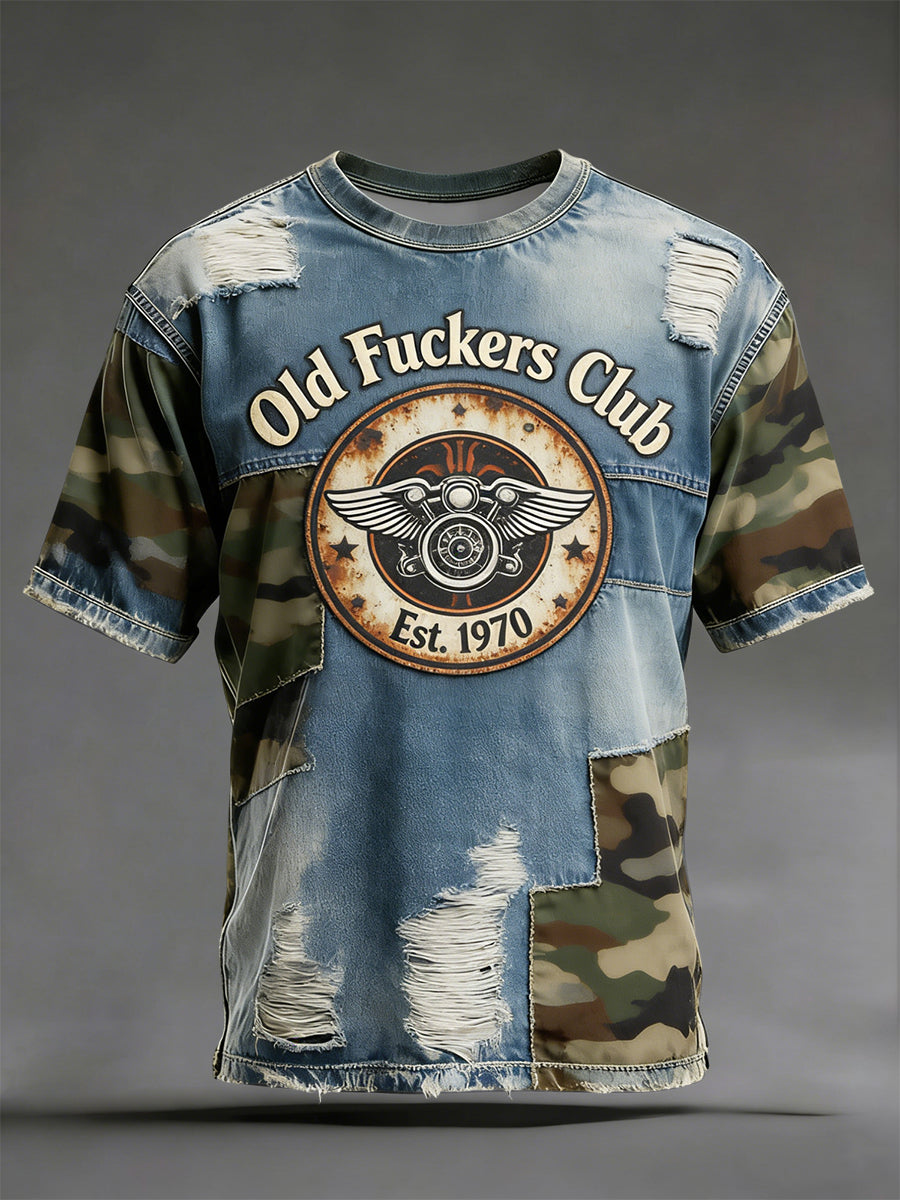 Vintage-Washed “Old Fuckers Club” Patchwork Casual T-Shirt