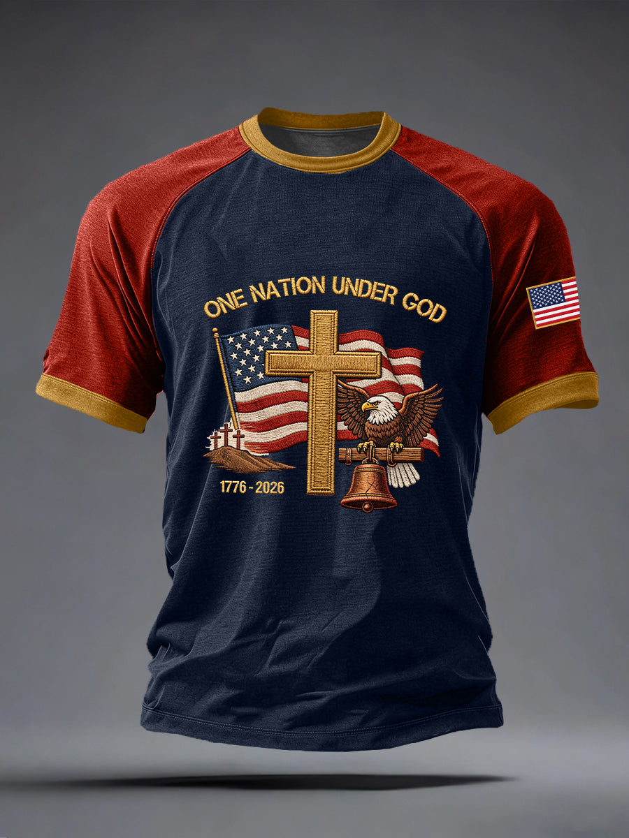 Men's One Nation Under God Embroidered Pattern T-Shirt