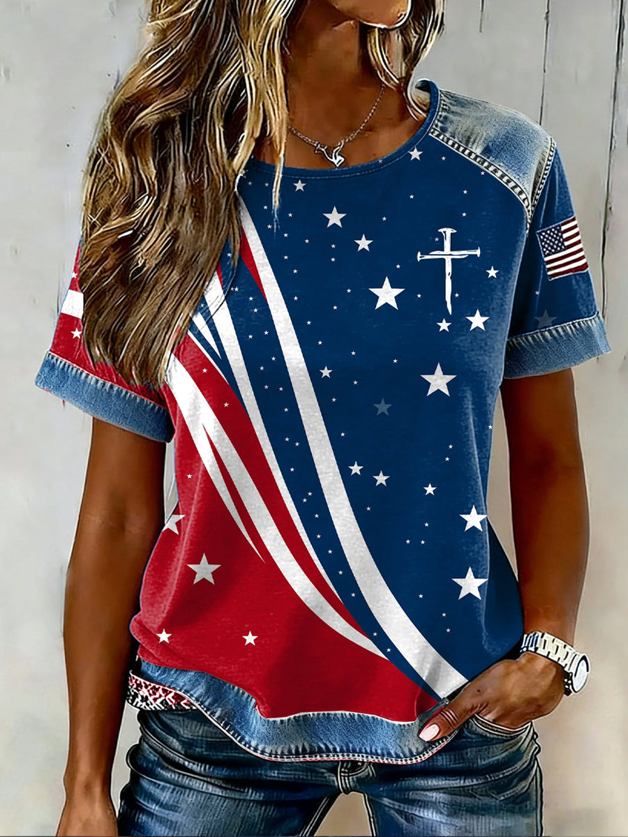 Women's Retro Patriotic Art Commemorative Print Casual T-Shirt
