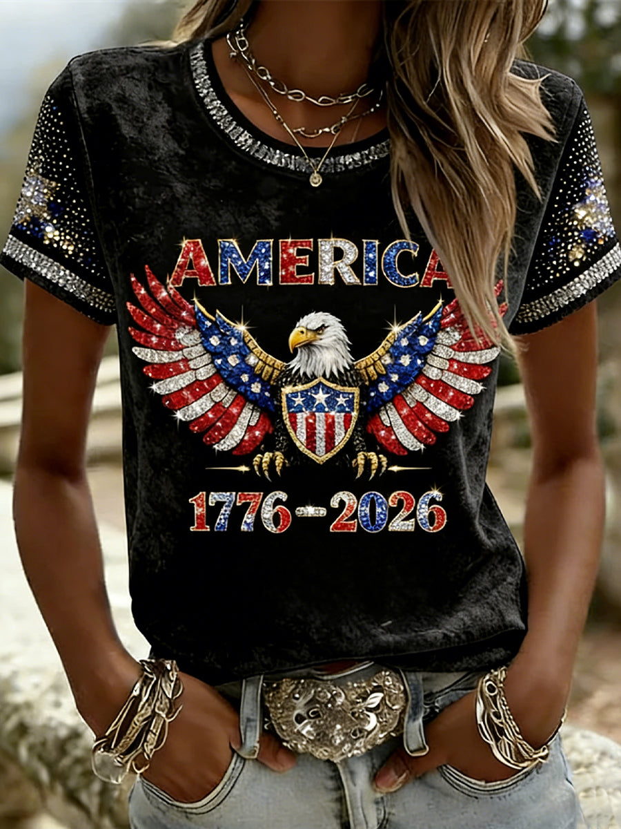 Women's Retro Patriotic Art Commemorative Print Casual T-Shirt