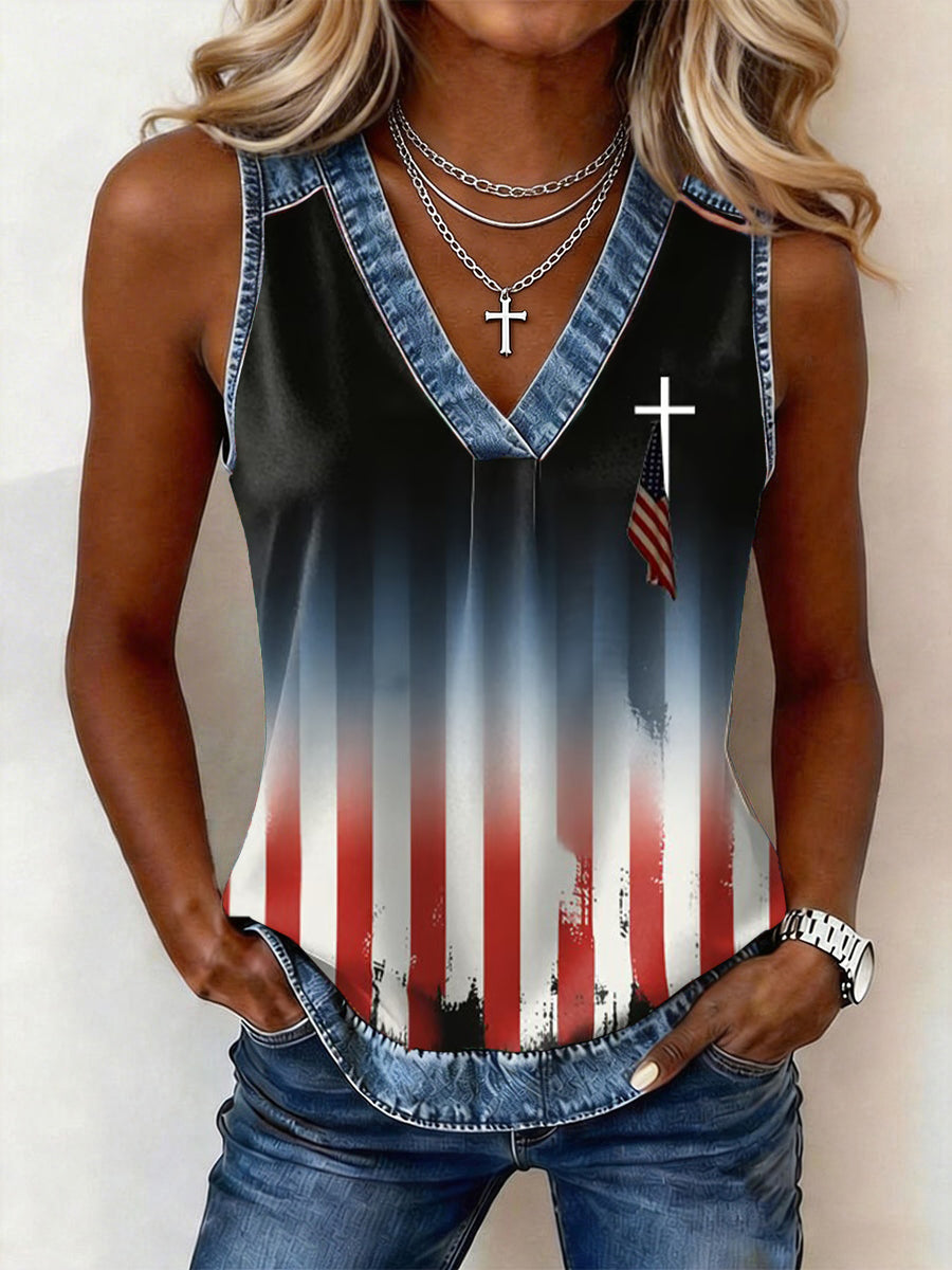 Women's American Flag Print Denim Patchwork Top