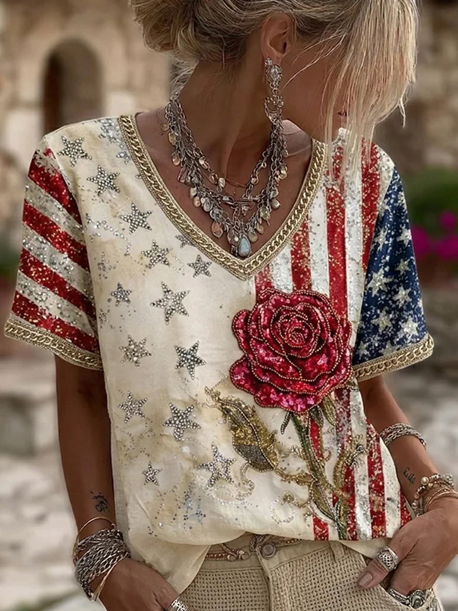 Women's Vintage American-Style Floral Patchwork & Print Casual Cotton-Linen Top