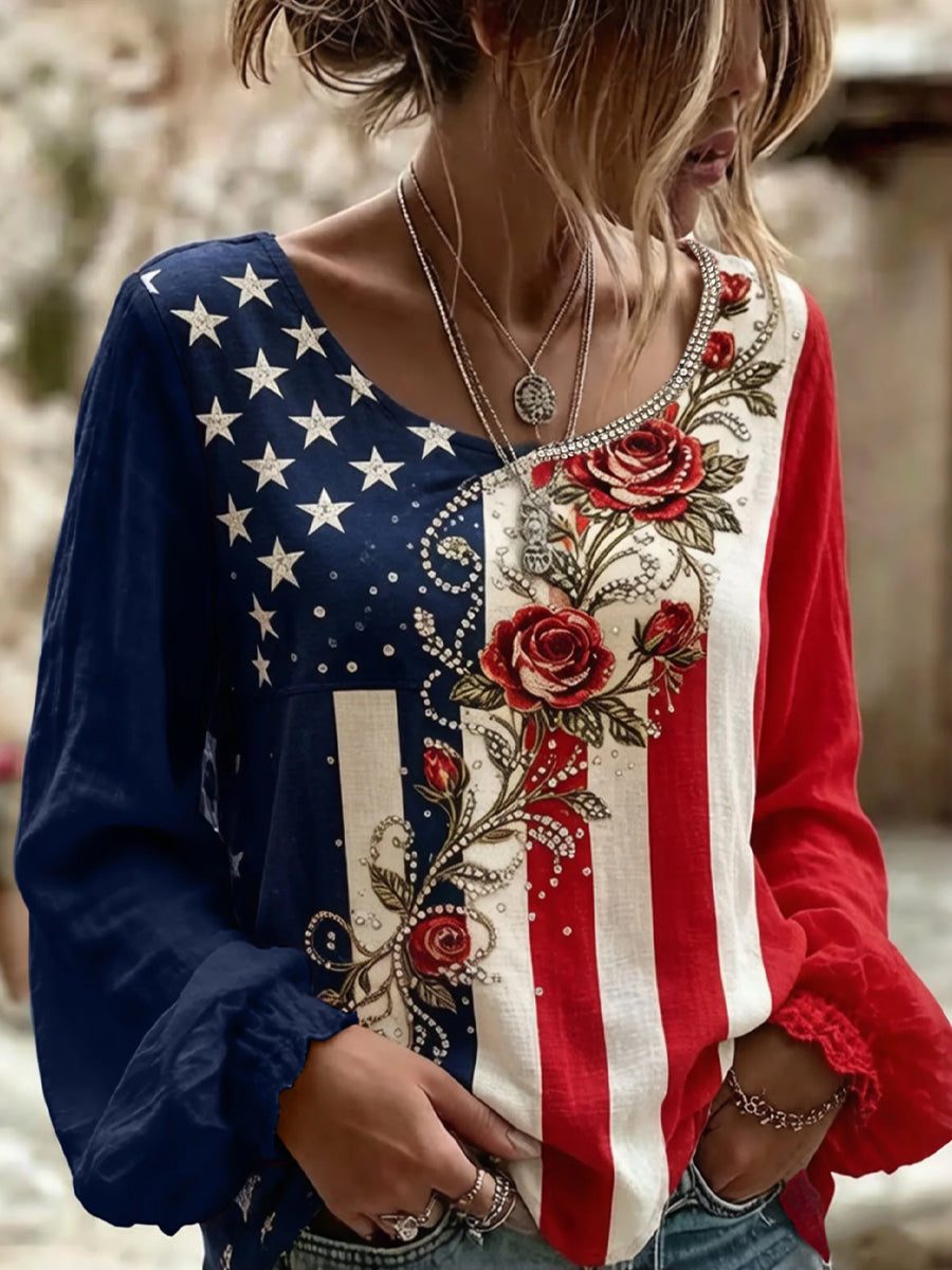 Women's Vintage American-Style Floral Patchwork & Print Casual Cotton-Linen Top