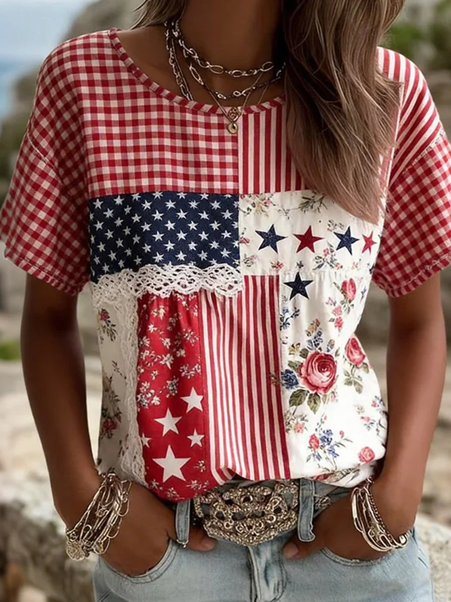 Women's Vintage American-Style Floral Patchwork & Print Casual Cotton-Linen T-Shirt