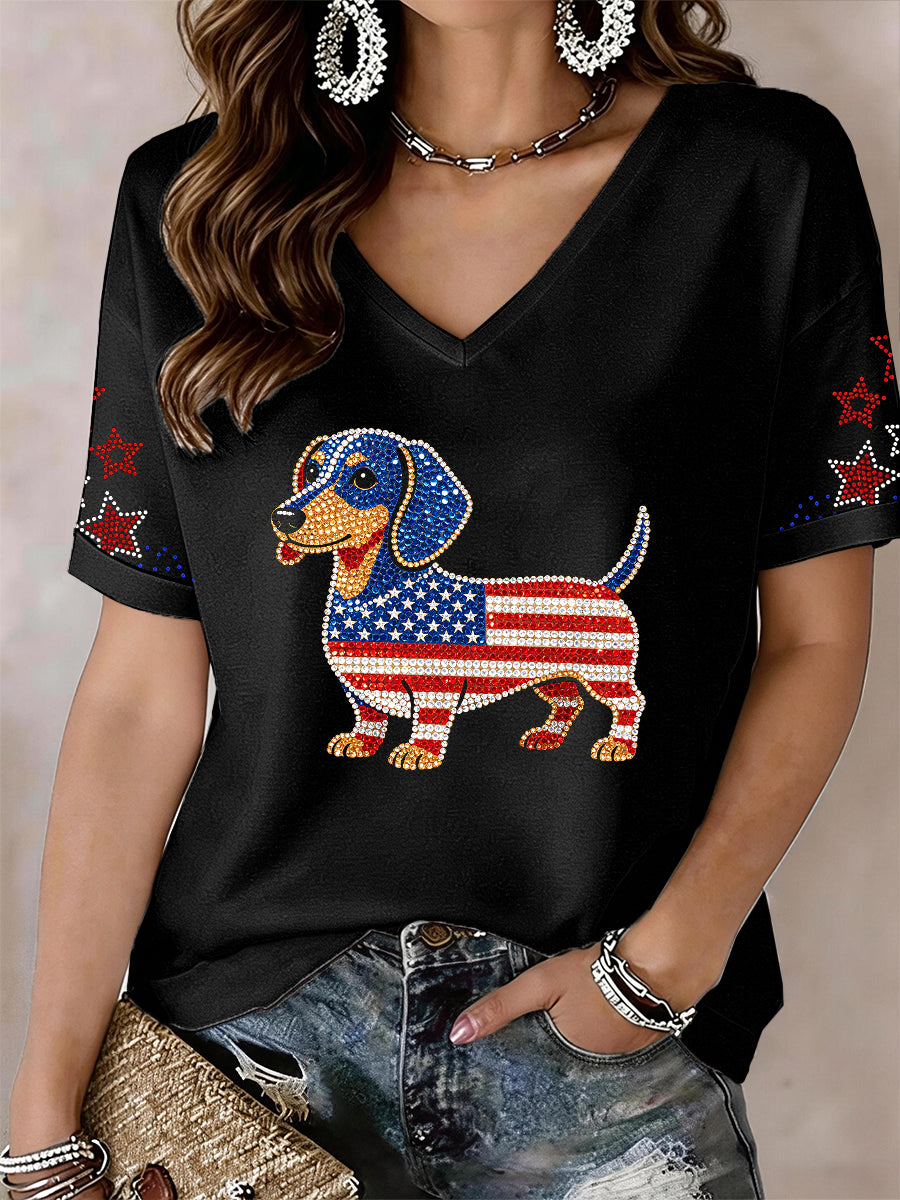 Women's Lovely Dachshund Rhinestone Pattern V-Neck T-Shirt