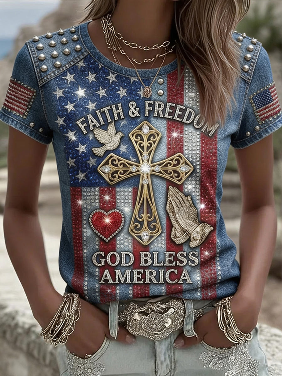 Women's Vintage Independence Day Flag Art God Bless America Short Sleeve T-shirt