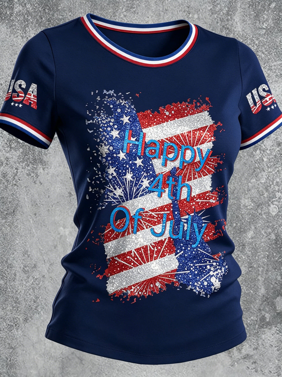 Women's Independence Day Printed Vintage Fashion Loose Short Sleeve T-Shirt