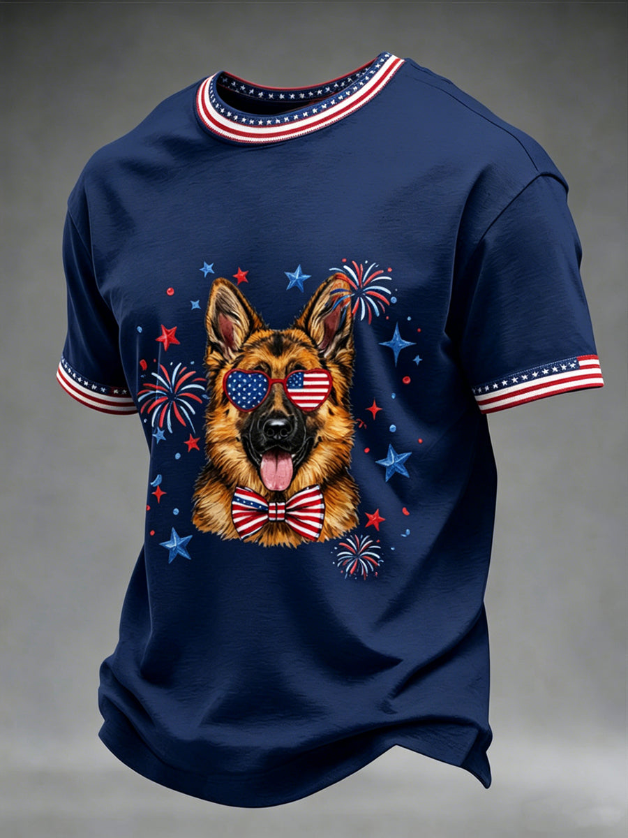 Men's Independence Day Dog Printed Vintage Fashion Loose Short Sleeve T-Shirt