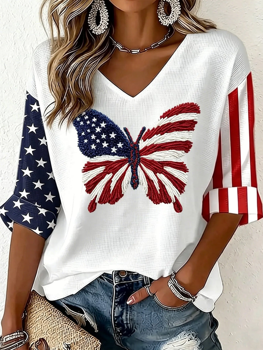 Women's Vintage Independence Day Butterfly Flag Art Waffle T-shirt
