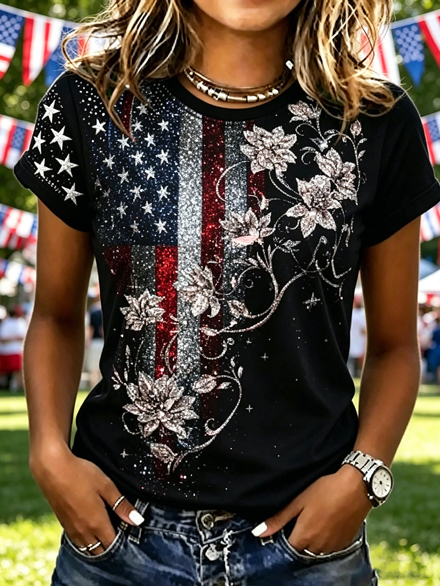 Women's Independence Day Printed Vintage Fashion Loose Short Sleeve T-Shirt