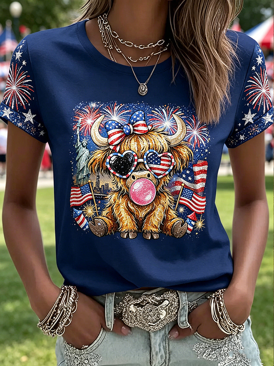 Women's Independence Day Highland Cattle Printed Vintage Fashion Loose Short Sleeve T-Shirt