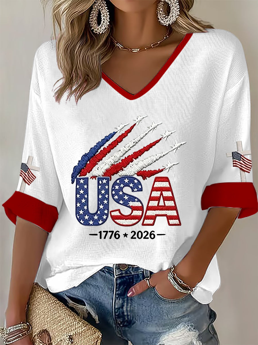 Women's Independence Day USA Flag Art Waffle T-shirt