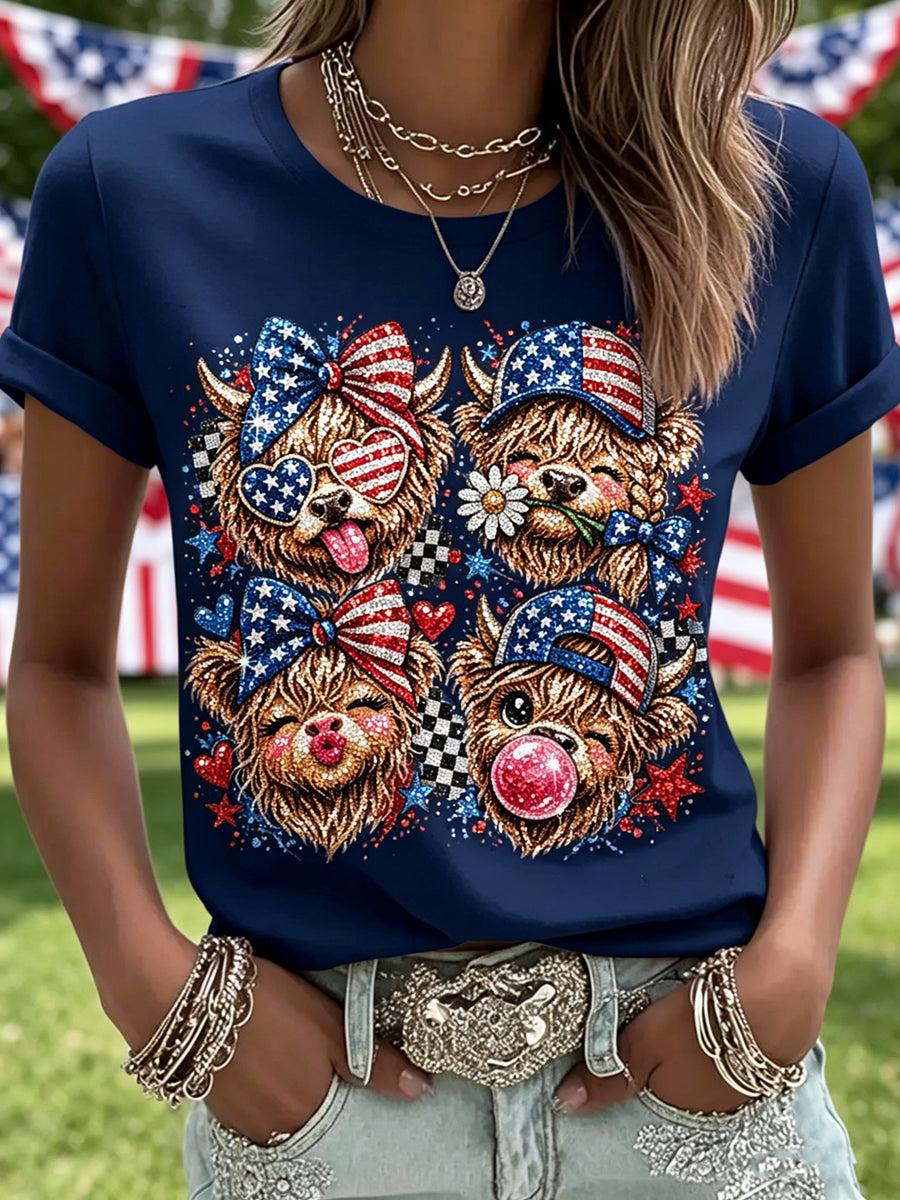 Women's Independence Day Highland Cattle Printed Vintage Fashion Loose Short Sleeve T-Shirt