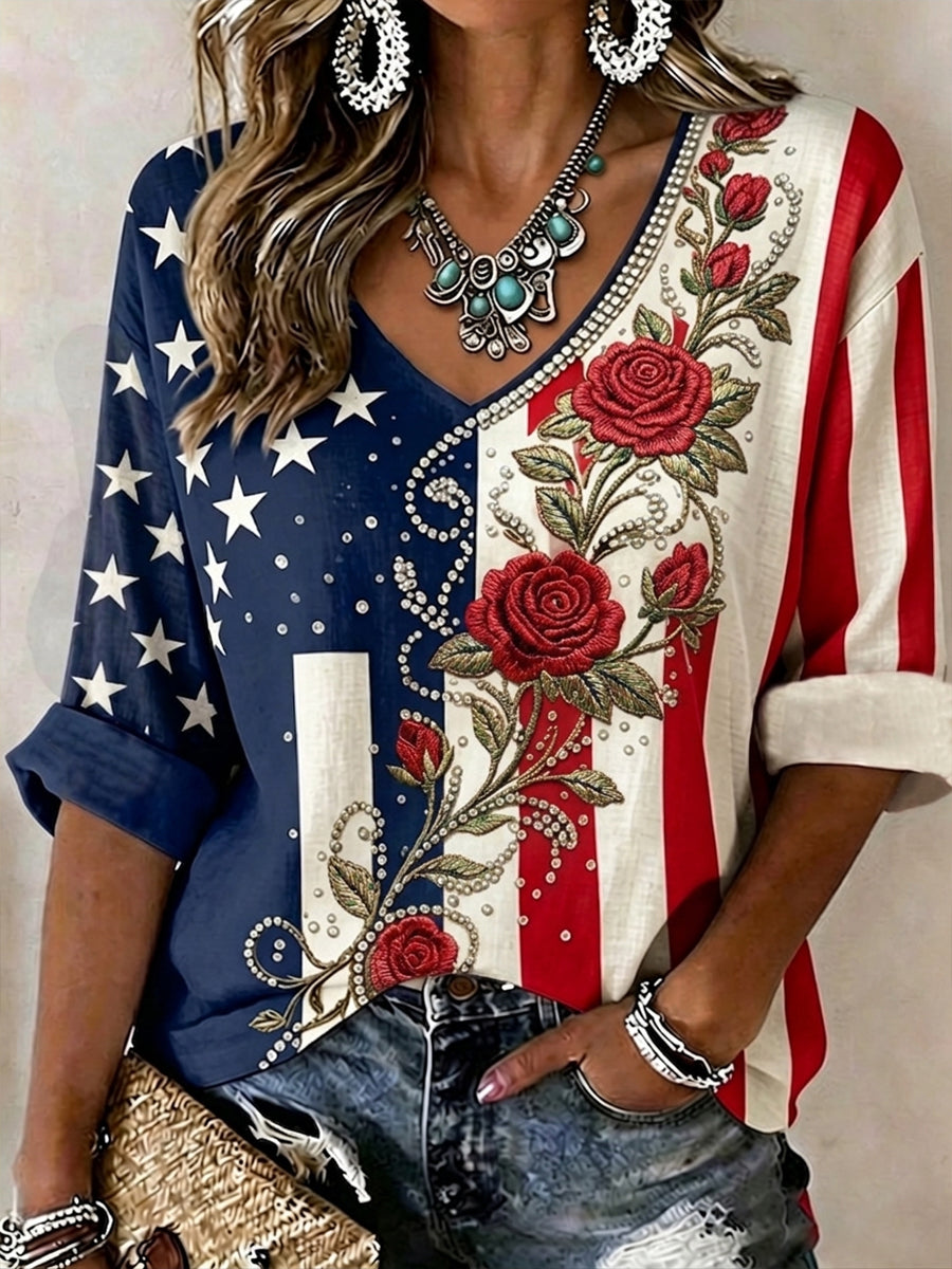 Women's Vintage Independence Day Flag Flower Art Print Linen V-Neck Shirt