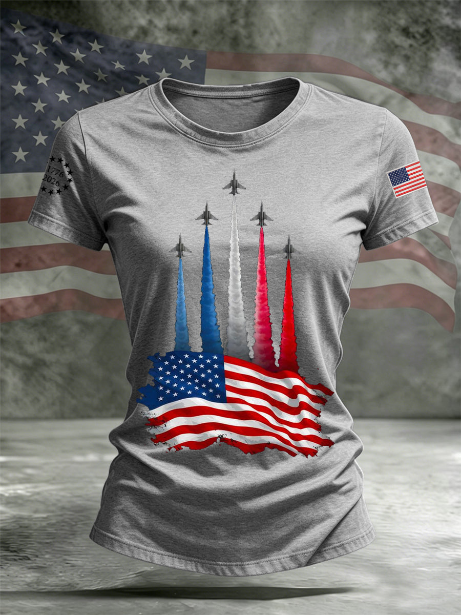 Women's Independence Day American Flag Jet Planes Print Casual Tee