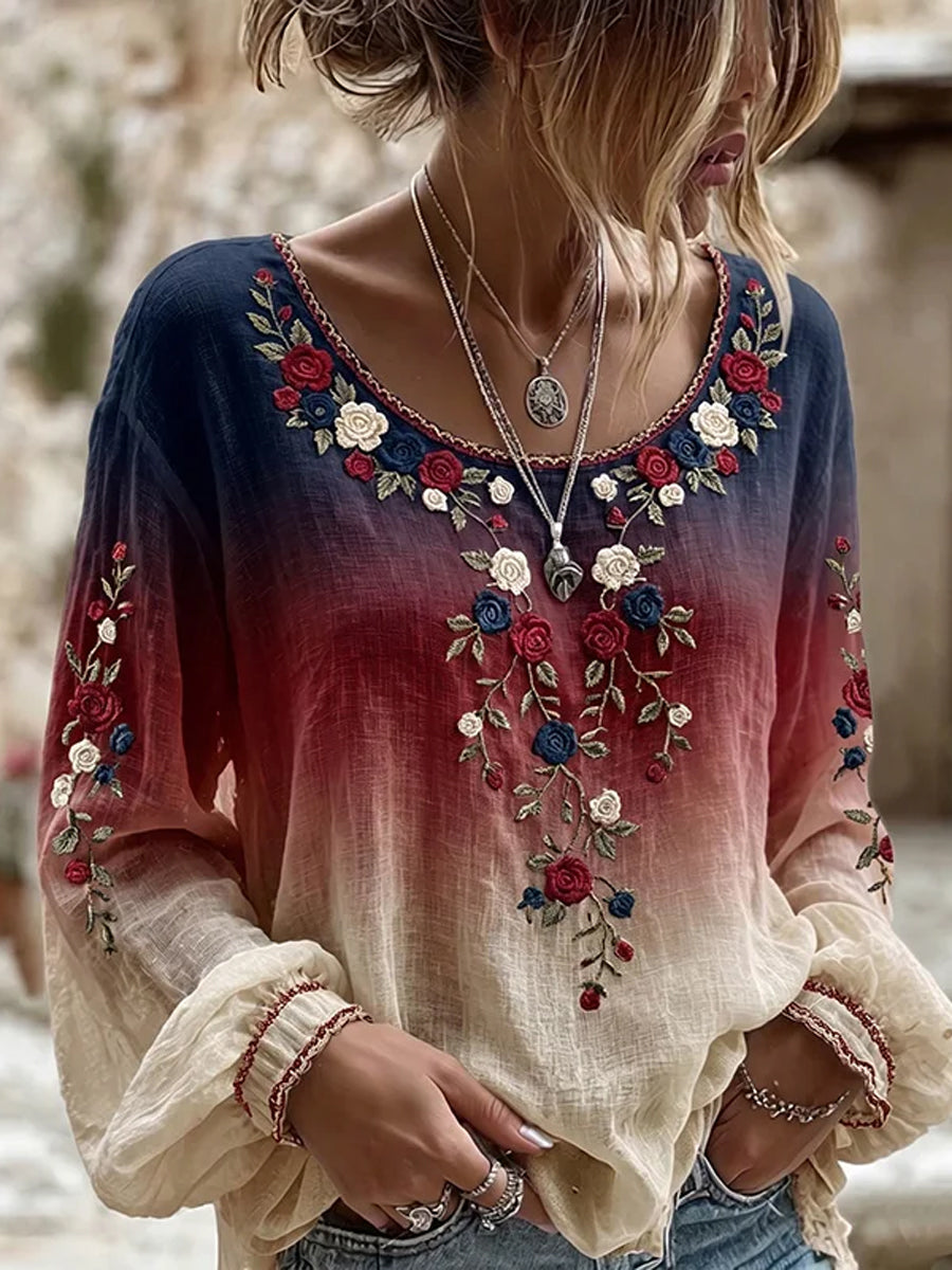 Women's Vintage Independence Day Flower Art Print Linen Top