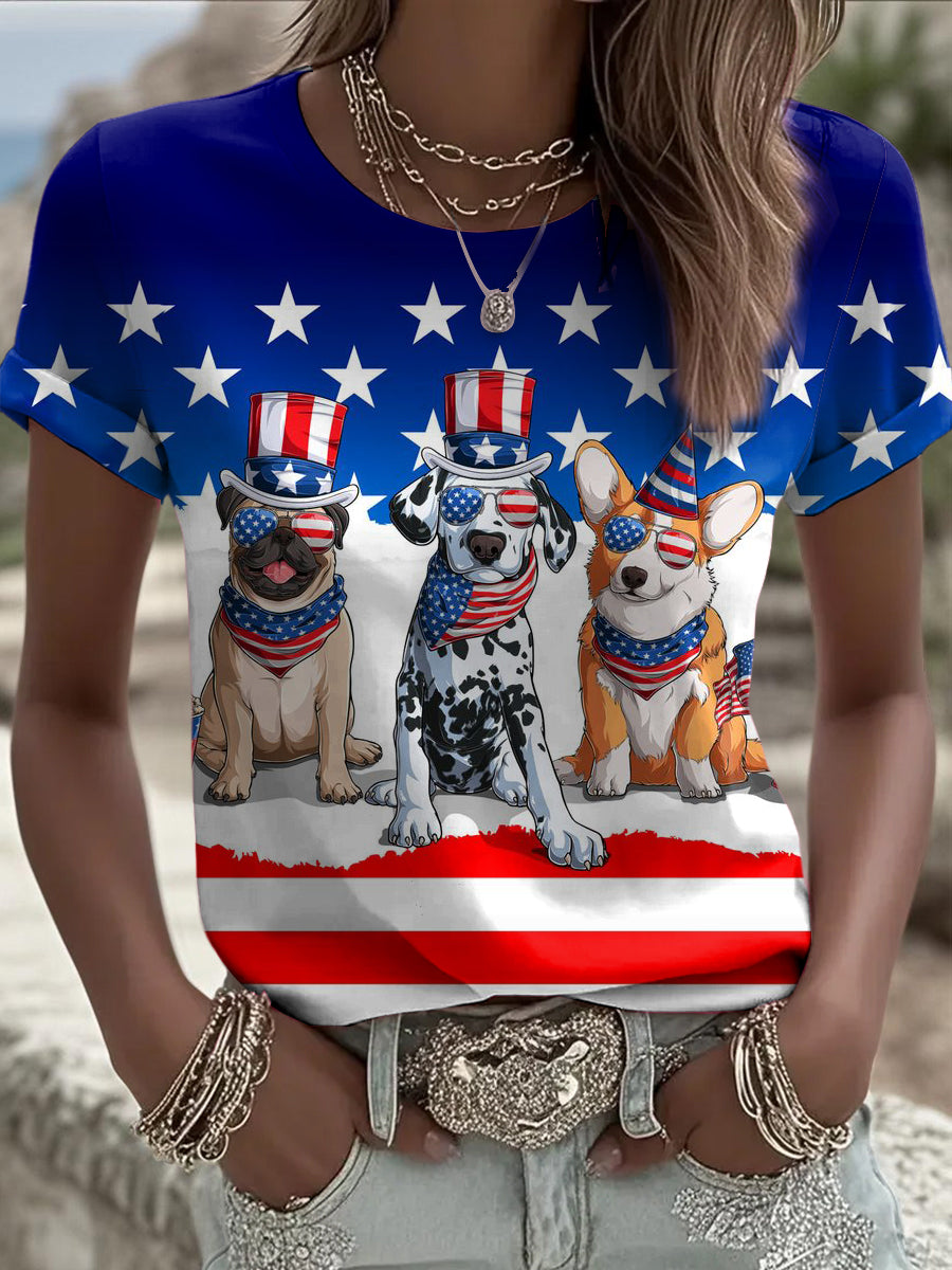 Women's Independence Day Animals Printed Vintage Fashion Loose Short Sleeve T-Shirt