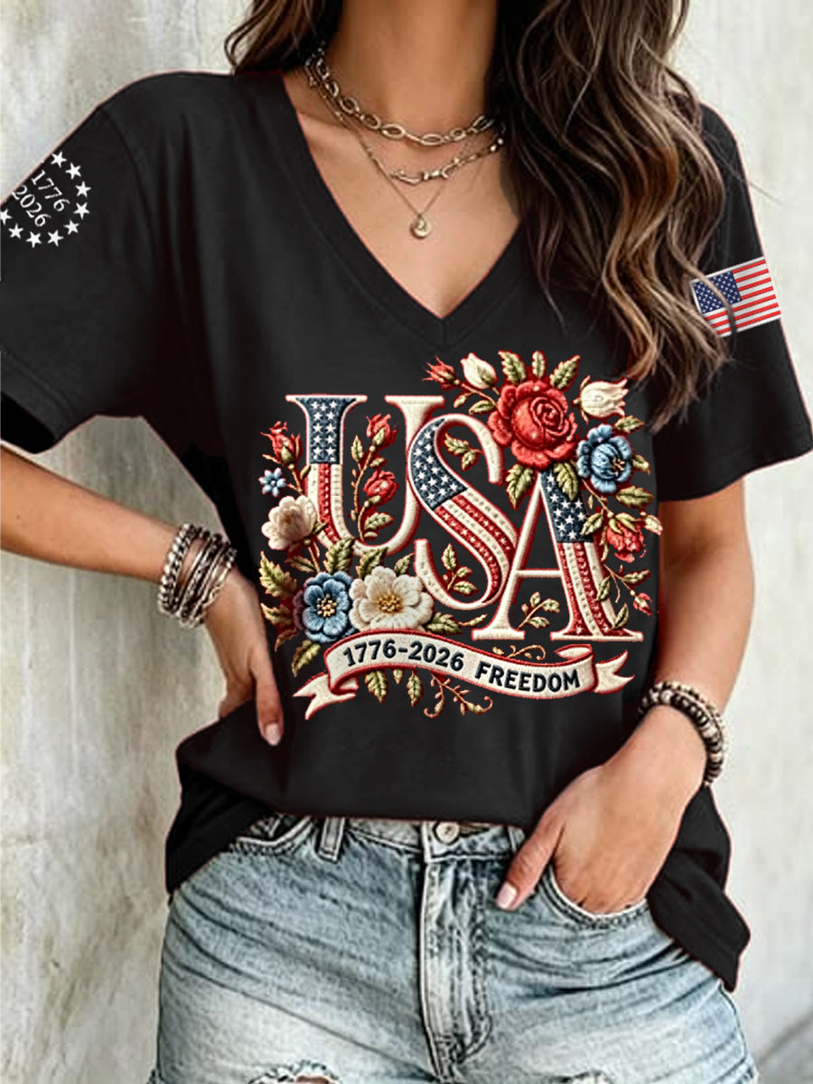 Women's Independence Day Floral USA Flag Print Casual Tee