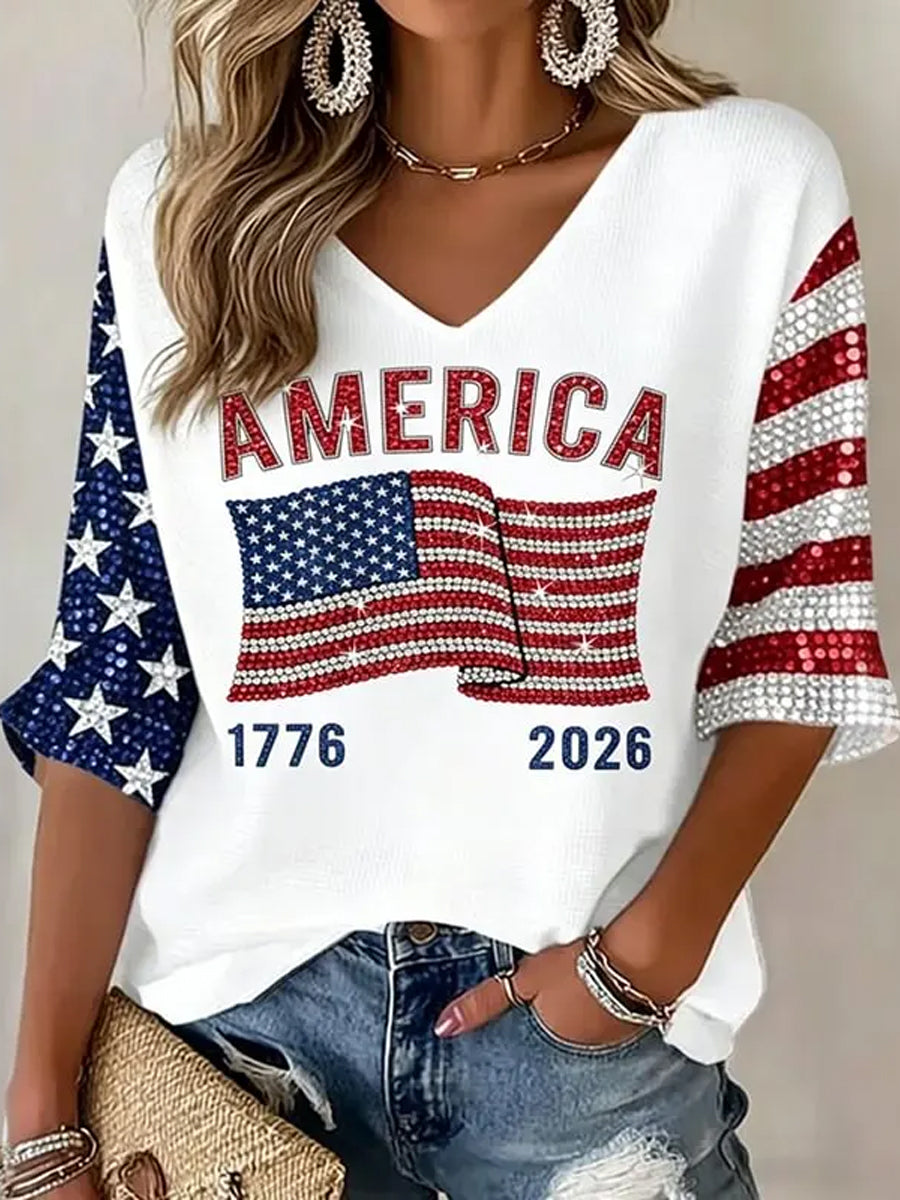 Women's Independence Day Flag Art Print Waffle T-shirt