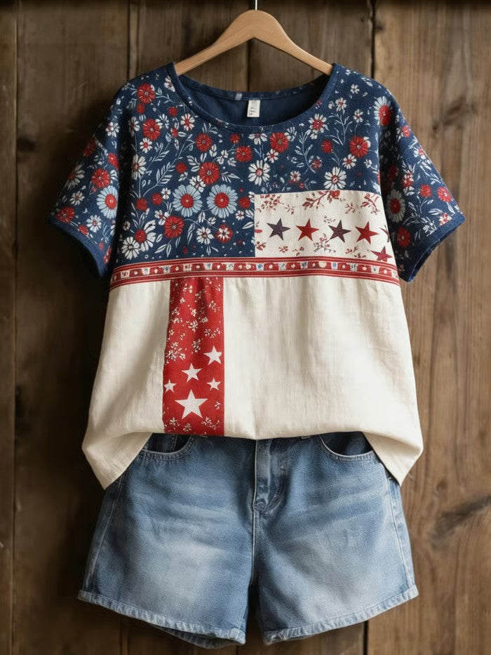 Women's America Floral linen Printed Casual T-Shirt