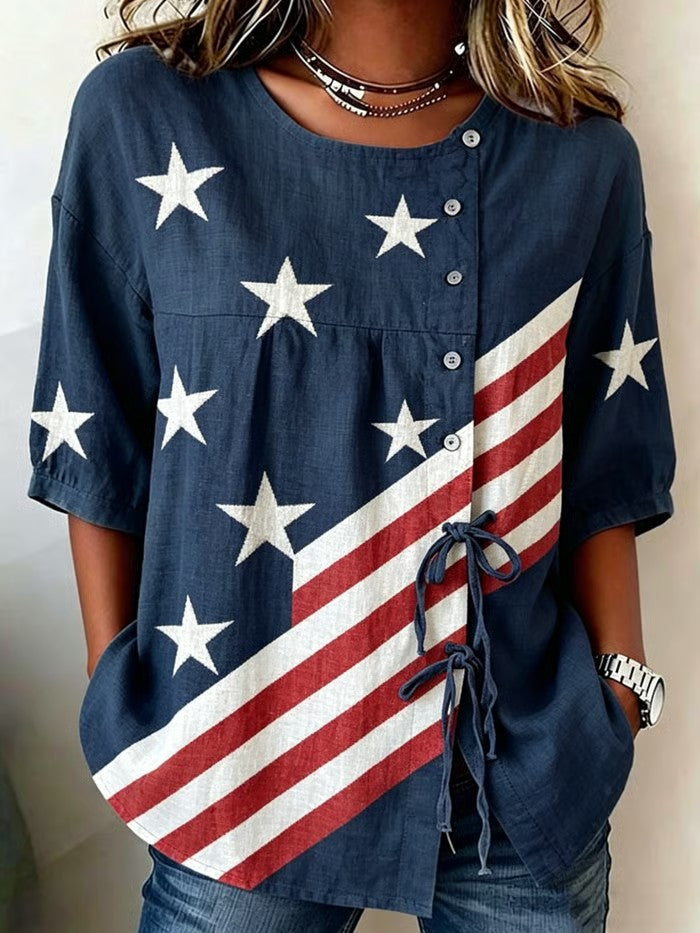 Women's America Flag Print Cotton-Linen Button-Front Top with Ties