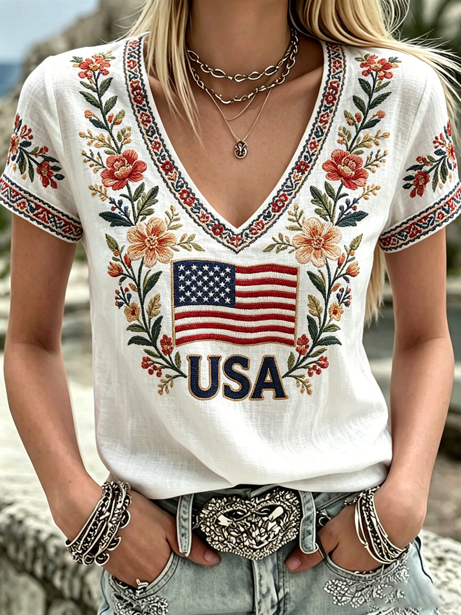 Women's America Floral Print V-Neck Casual T-Shirt