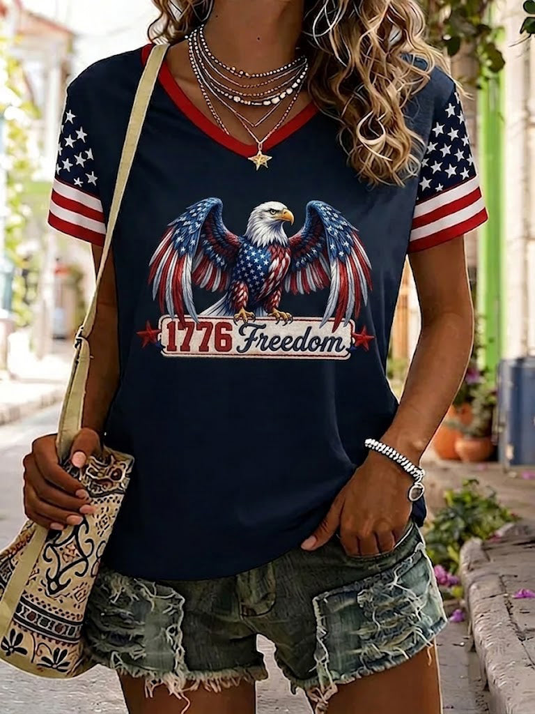 Women's America 1776 Freedom Printed Casual V-neck T-Shirt