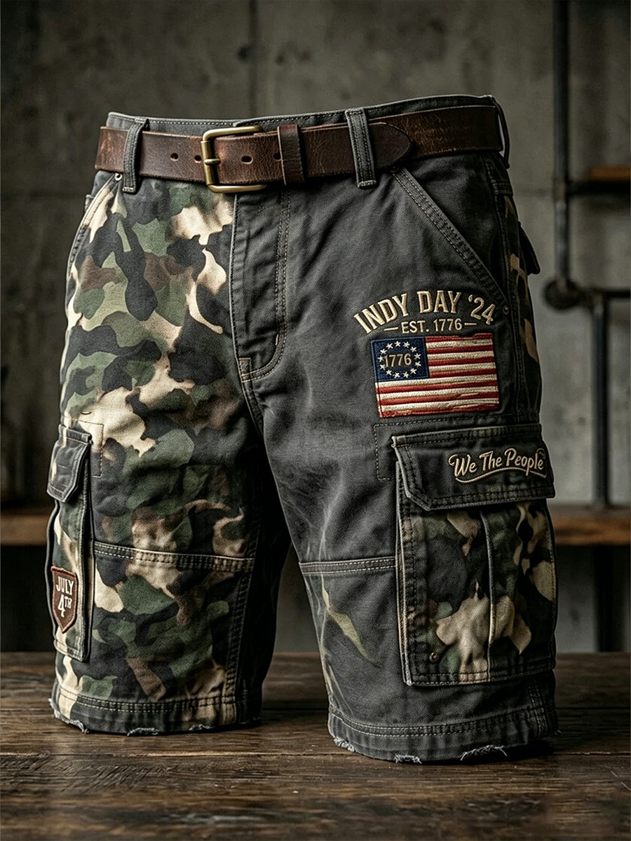 Men's Independence Day Retro American Flag Camouflage Art Print Casual Shorts