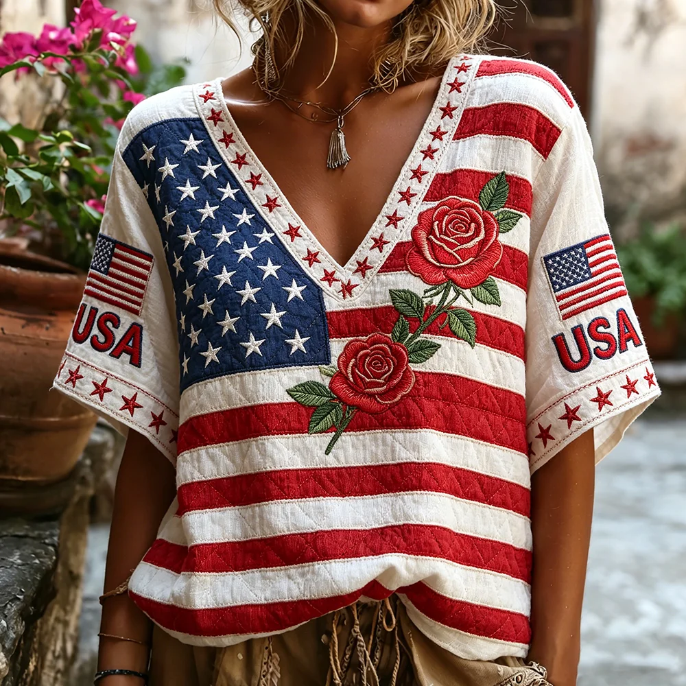 Women's Independence Day Anniversary Floral And Flag Art Cotton Linen V-neck Short Sleeve Top