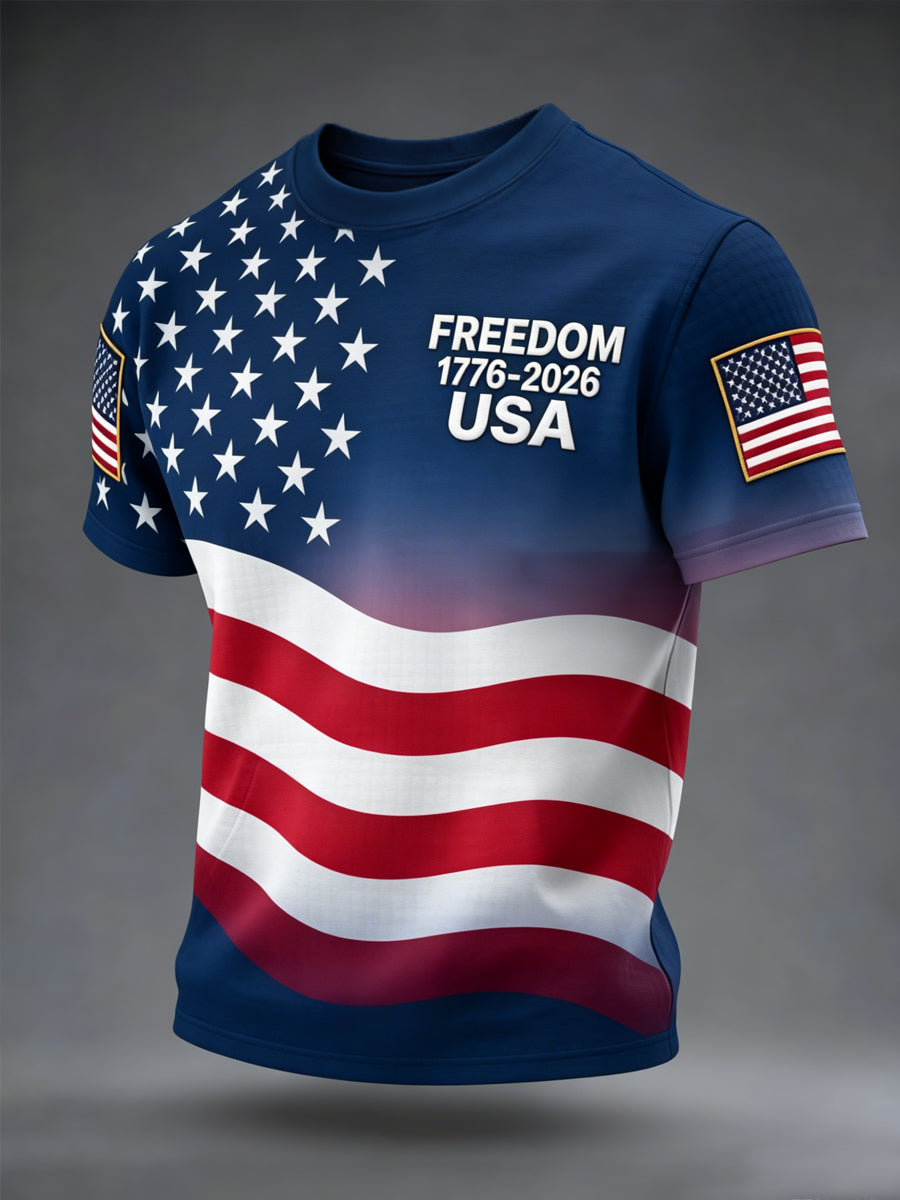 Men's Freedom 1776-2026 USA Flag Print Casual Independence Day Patriotic Tee