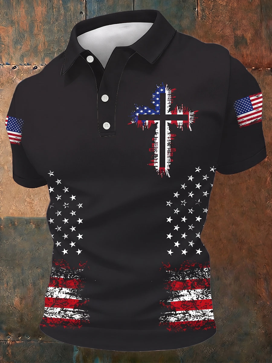 Men's ndependence Day Christian Cross American Flag Short Sleeve Top